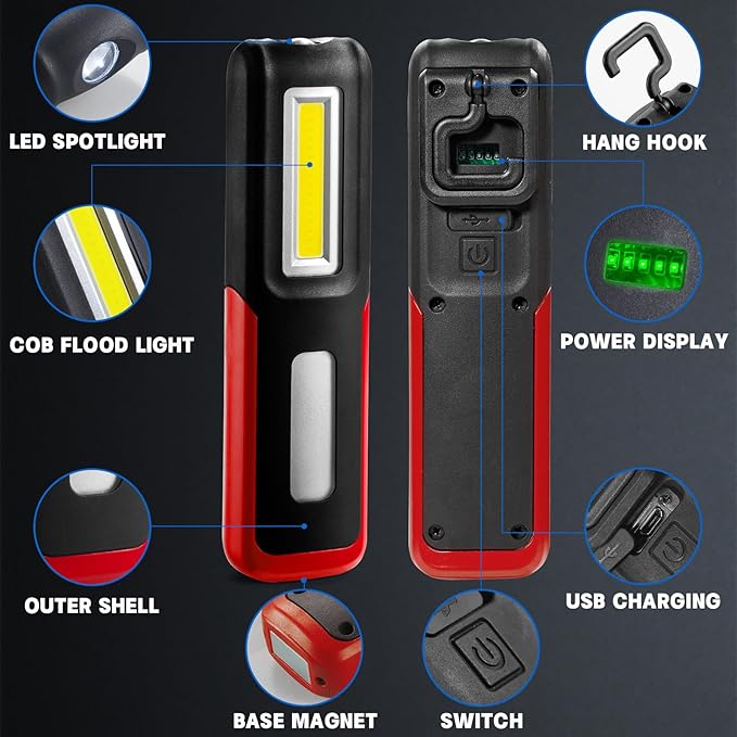 2 PCS Rechargeable LED Work Light with Magnetic Base Portable Task Inspection LED Work Light is Small and Reliable and Super Bright, for Tool Gifts for Men(Red)
