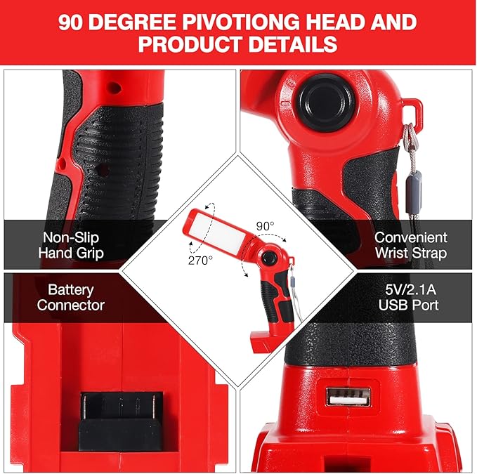 YEX-BUR LED Work Light Torch Compatible with Milwaukee 18v Battery, 12W 1000LM Flashlight with USB-A Charging Port Portable Outdoor Indoor Lights for Workshop,Garage,Camping,Emergencies