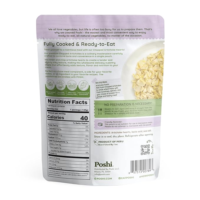 Poshi Chopped Artichoke Hearts - Steamed, Portion-controlled, Ready-to-Eat - Suitable for Quick Meals, Salad Toppings, Pastas - Gluten-Free, Non-GMO, Vegan, 6-Pack (4.4 oz/Pouch)