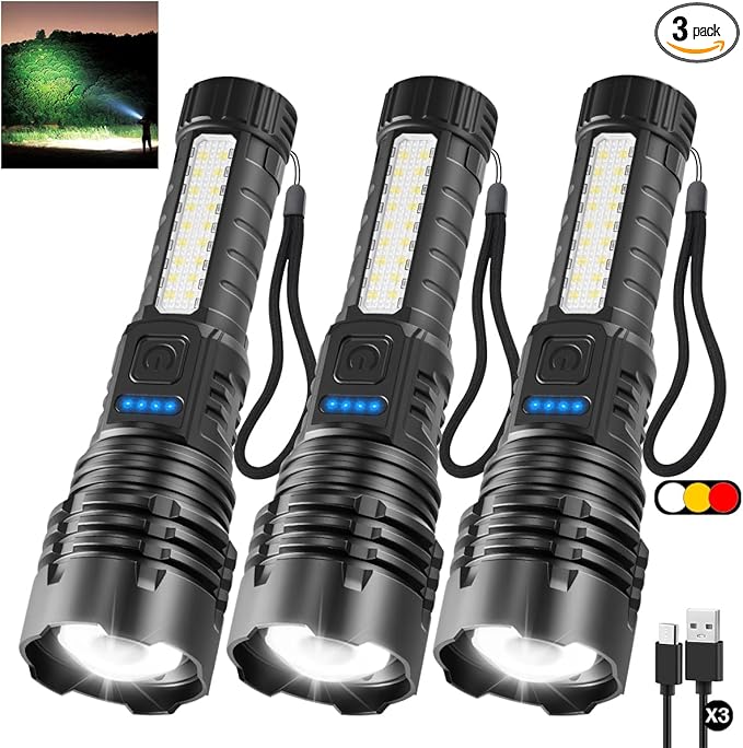 3Pack Rechargeable Flashlights, 7Mode Flashlights High Lumens, Super Bright LED Flashlight, Adjustable Tactical Flash Light, High Powered Flash Light, Handheld Flashlight for Home Emergency Camping
