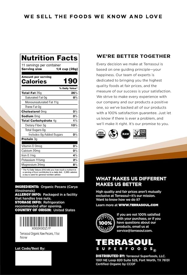 Terrasoul Superfoods Organic Pecans, 11 Oz (Pack of 2) - Mammoth Halves | Fresh | Raw