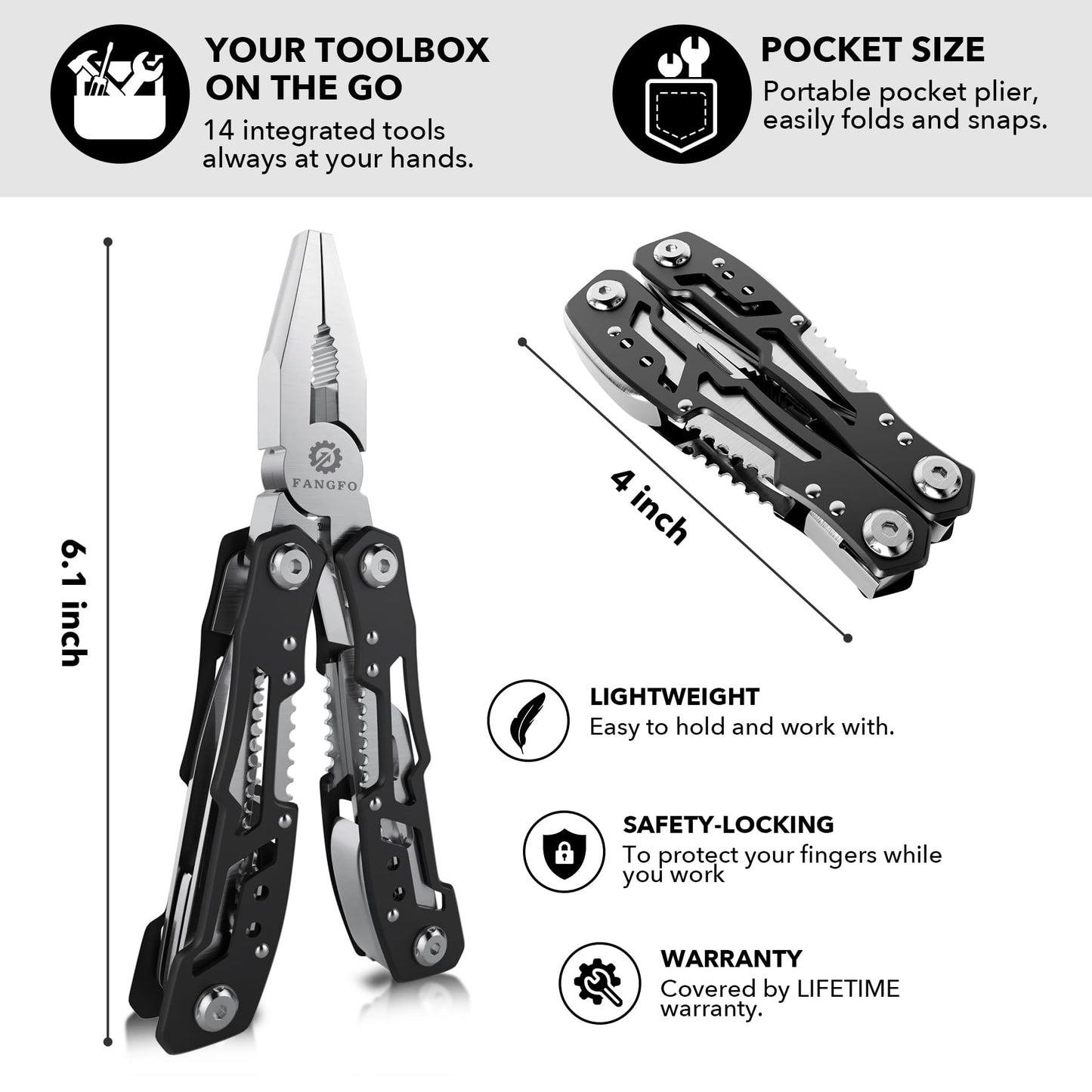 14-In-1 Multitool with Safety Locking, Professional Stainless Steel Multitool Pliers Pocket Knife
