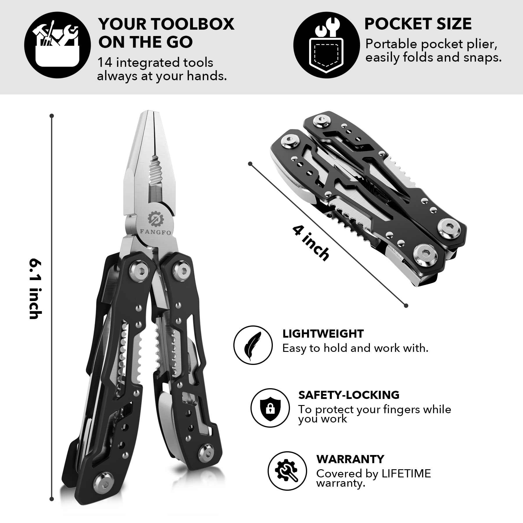 14-In-1 Multitool with Safety Locking, Professional Stainless Steel Multitool Pliers Pocket Knife