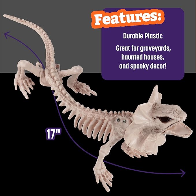 17" Frilled Lizard Skeleton Halloween Decoration- Weather Resistant for Indoor/Outdoor Spooky Decor- Perfect for Tabletop Party Decor, Haunted Houses, Graveyards- Agama Bones- Creepy Dragon Prop