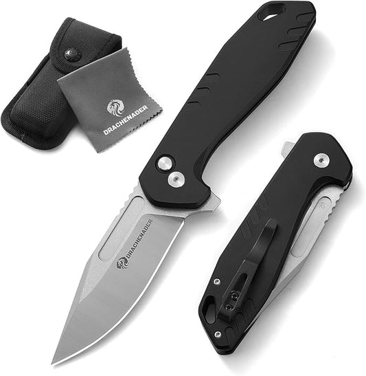 Button Lock Pocket Folding Knife with Nylon-Sheath (Horizontal carry), 3.42" D2 Blade with Aluminum Handle, Camping Pocket & Folding Knives with Clip, EDC Knife Gift, Black