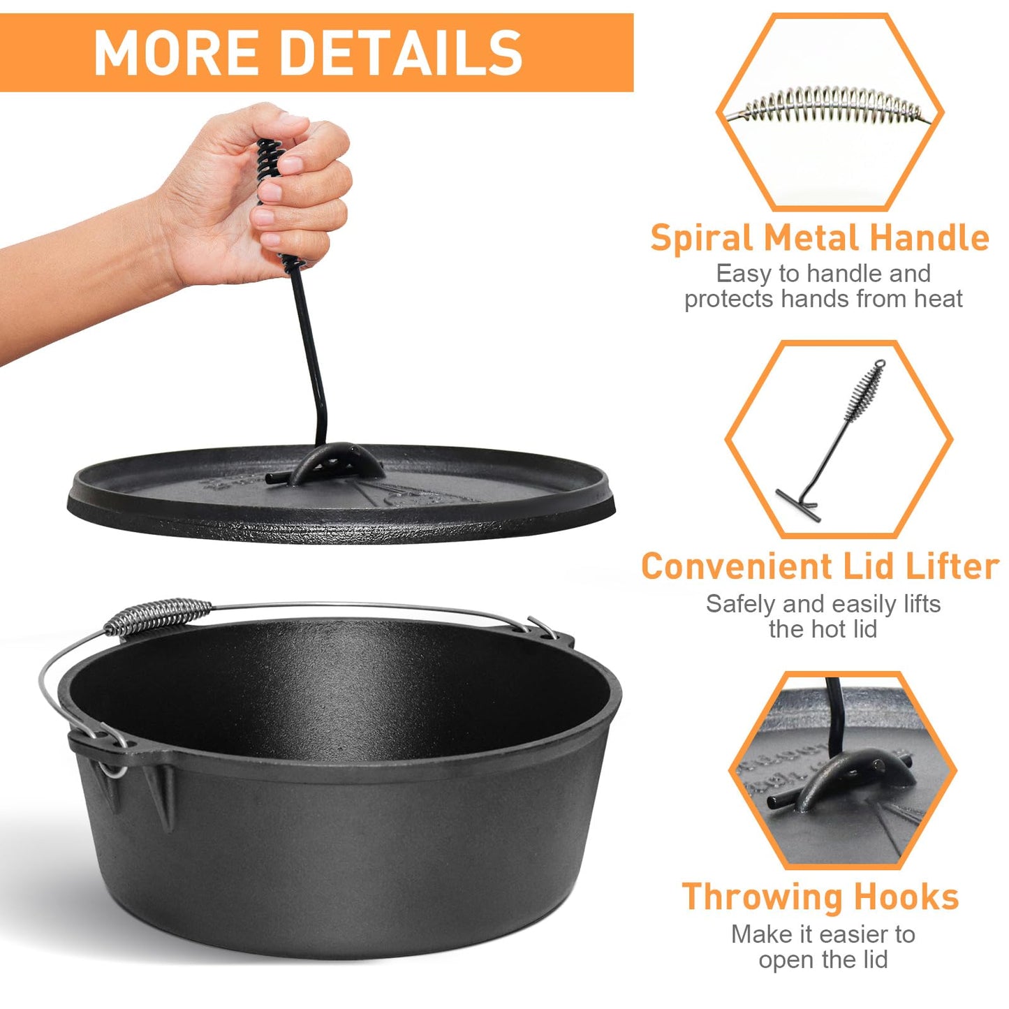 NSIRONS Camping Dutch Oven,12 Qt Pre-Seasoned Cast Iron Camp Dutch Oven Pot with Lid - Lid Lifter