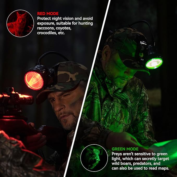 10W LED Coon Hunting Lights for Predator Coyote Hog, 55000 LUX Super Bright Hunting Headlamp Rechargeable, IPX5 Waterproof White Light & Red/Green Optical Filters, 5 Position Switch Soft Cap