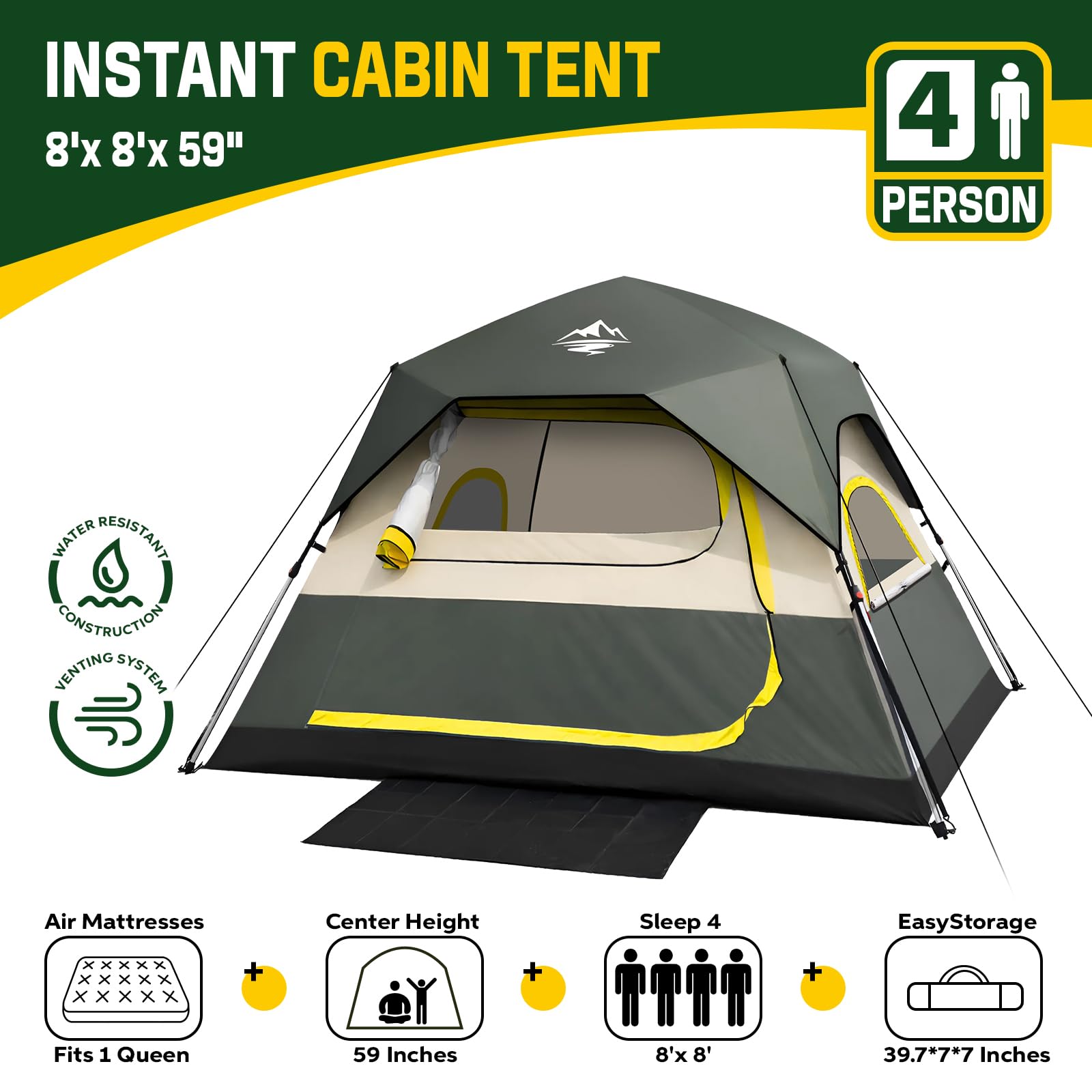 4 Person Instant Tents for Camping Setup in 50s, Cabin Tent with Rainfly