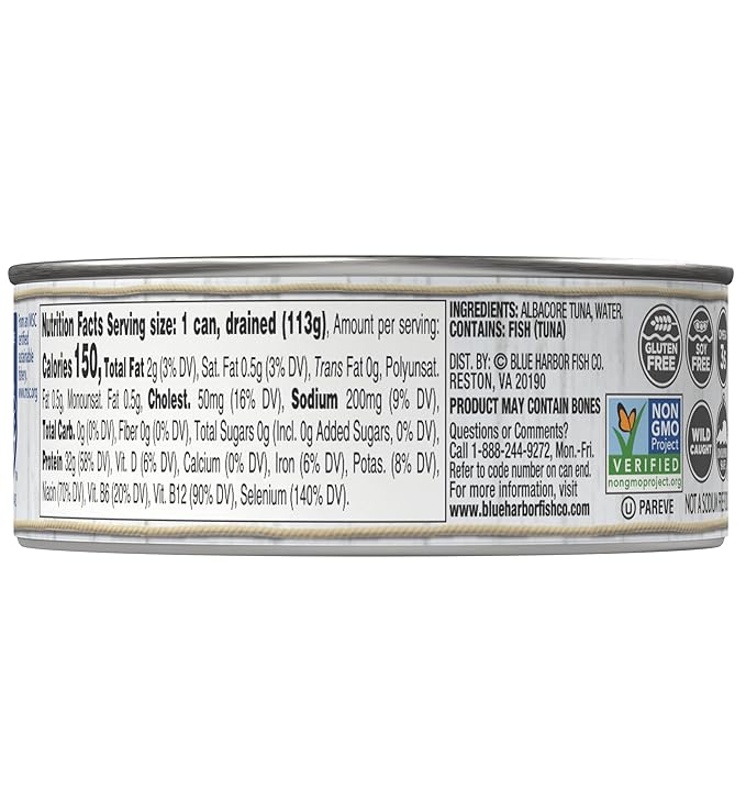 Blue Harbor Fish Co. Wild Albacore Solid White Tuna in Water No Salt Added - 4.6 oz Can (Pack of 12)