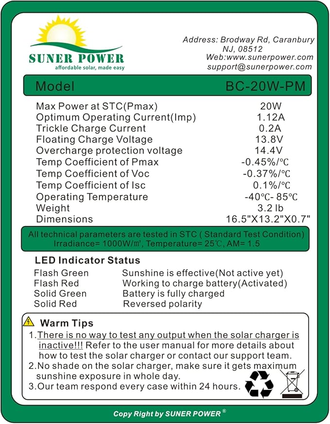 12V Waterproof Solar Battery Trickle Charger & Maintainer - 20 Watts Mono Solar Panel Built-in Intelligent MPPT Charge Controller + Adjustable Mount Brackets for Pole Dia 1.5-3.0inch/40-80mm