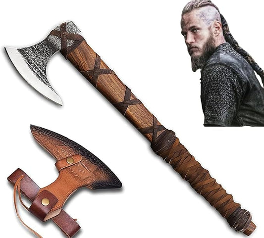 Forest Hunting | 27" and 3.5 lbs Custom Handmade Viking Axe of Ragnar Lothbrok Norsmen- Tomahawk and Forest Hatchet Authentic Viking ax with Sheath Mens Gift. (Ragnar Lothbrok Axe)