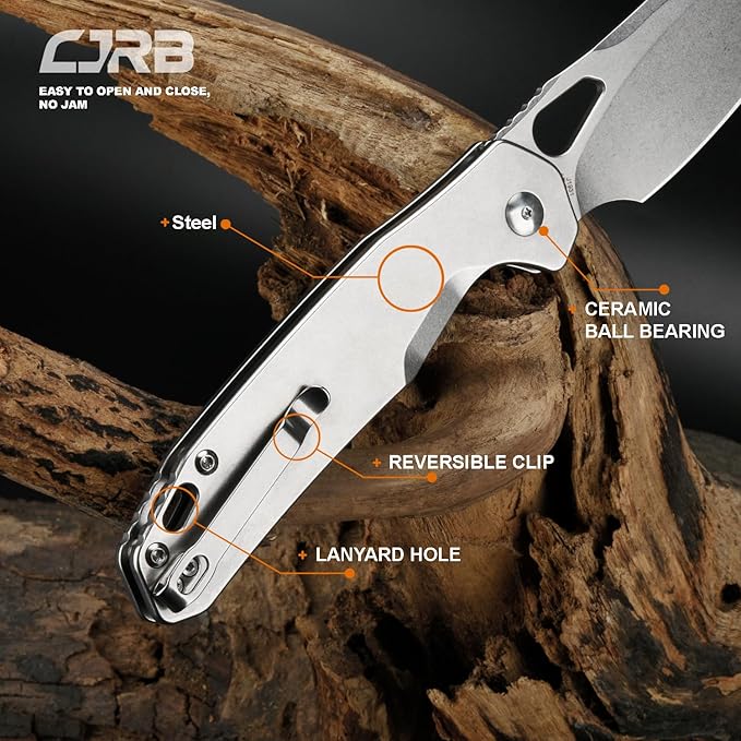CJRB Frack Folding Pocket Knife, 3.9" AR-RPM9 Steel Blade PVD Coating Steel Handle EDC Knife, Button Lock Knife for Outdoor Camping Gift, Stonewash (J1931)