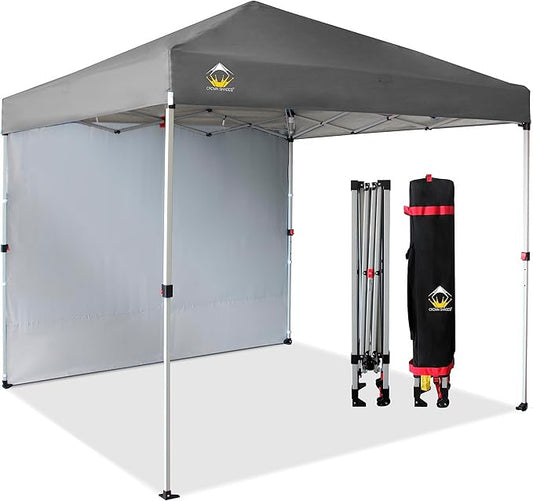 CROWN SHADES 8x8 Pop Up Canopy with 1 Side Wall - Beach Tent with One Push Setup - Outdoor Sun Shade for Events, Parties, Camping - Gazebo with STO-N-Go Cover Bag (Grey)