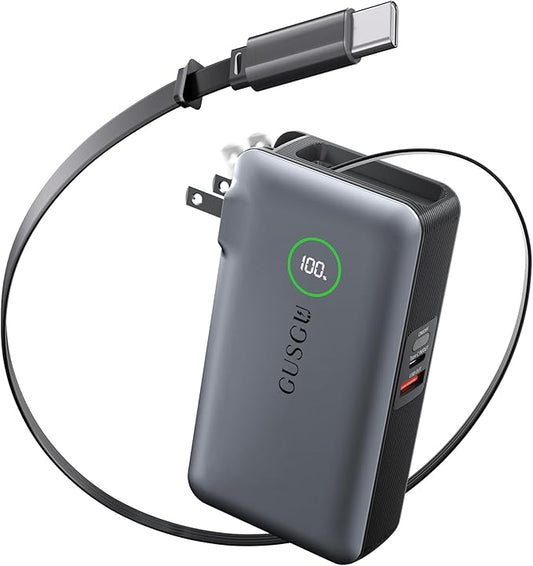 GUSGU X3 10,000mAh Power Bank with Foldable Plug, Built-in Type-C Cable & USB-C/USB-A Ports, 35W PD Max Fast Charger for MacBook Air/Pro, iPhone 16/15, Galaxy S23, Compact and Travel-Friendly