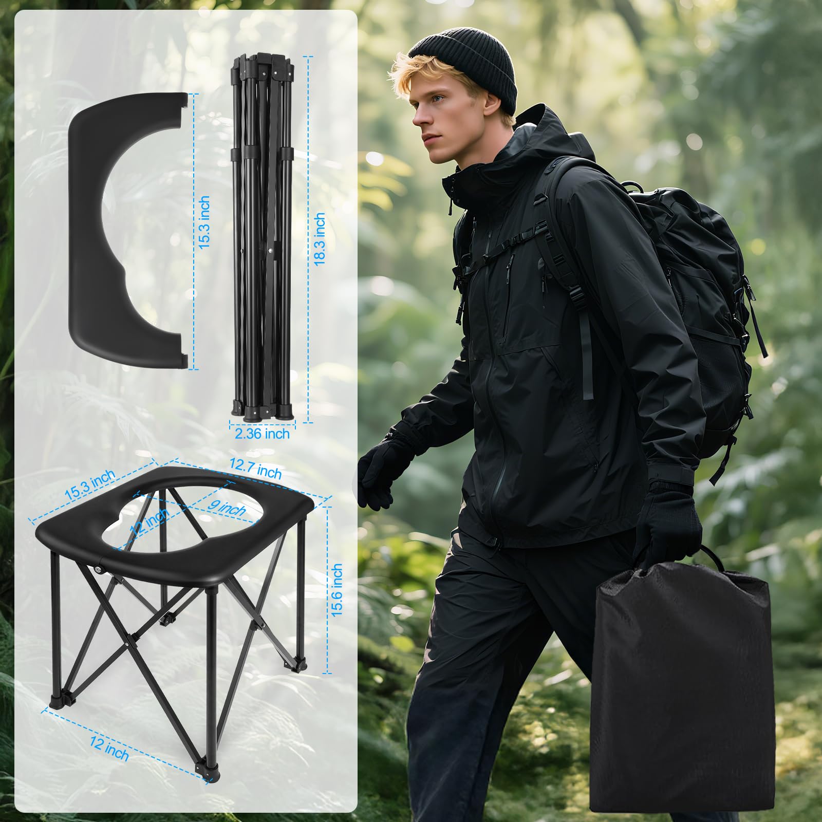 15.6'' Portable Toilet for Camping, Ultralight Foldable Camping Toilet 2-Second Setup, 350LBS