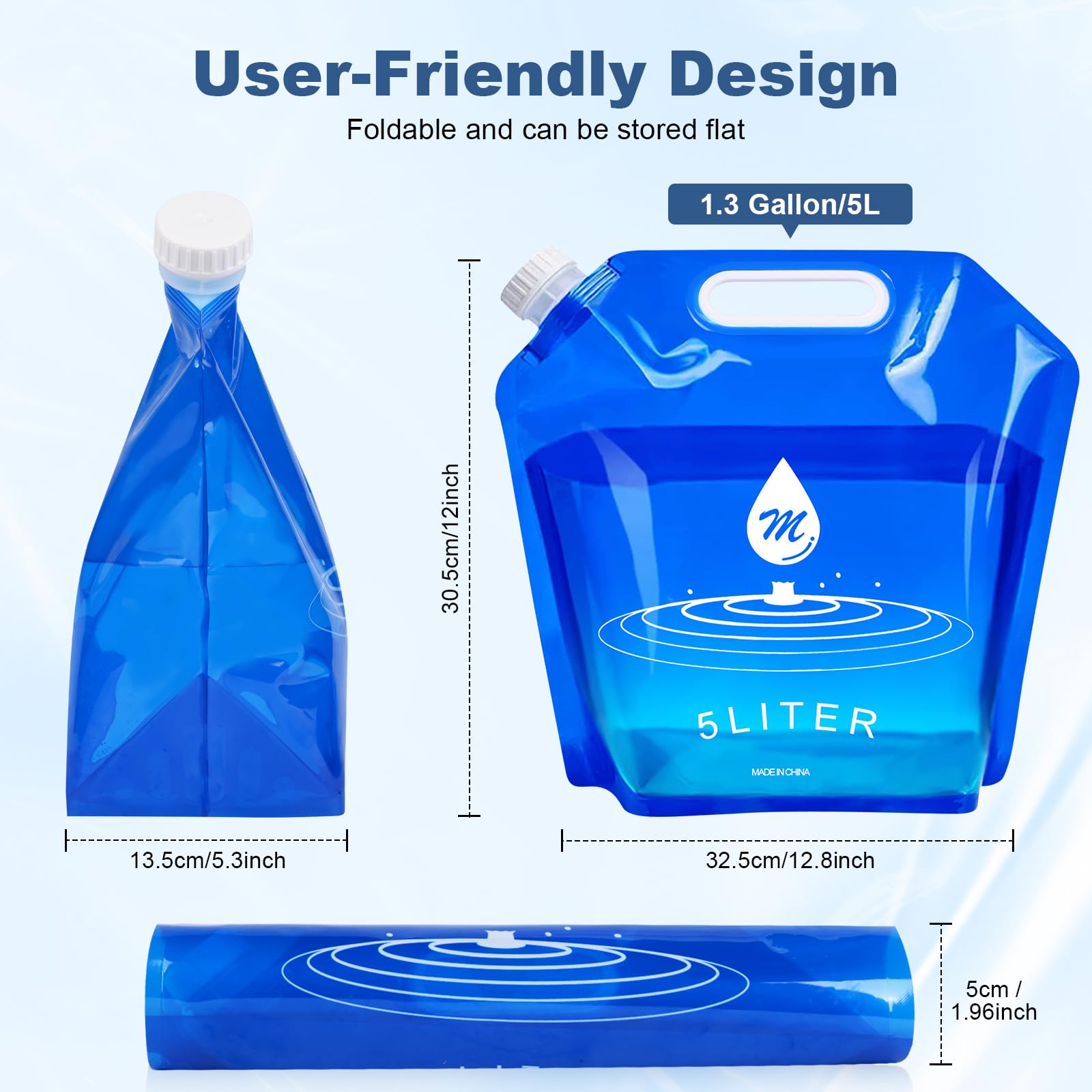 SOCATER Water Container Bags, 4 Packs BPA Free No-Leak Foldable Plastic 1.3 Gallon Water Container