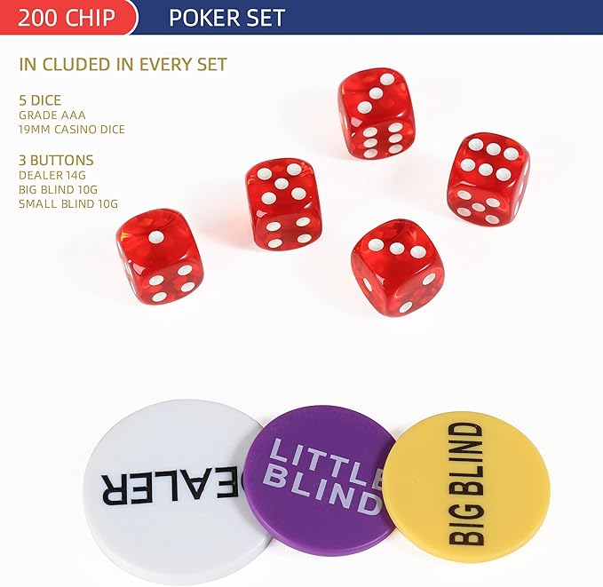 200Pcs Poker Chips Set for Texas Holdem,Blackjack, Tournaments with Aluminum Case,2 Decks of Cards, Dealer, Small Blind, Big Blind Buttons and 5 Dice,11.5 Gram