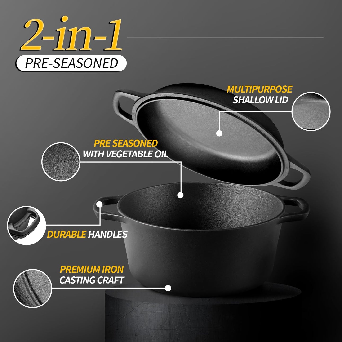 EDGING CASTING 2-in-1 Pre-Seasoned Cast Iron Dutch Oven Pot with Skillet Lid Cooking Pan, Cast Iron
