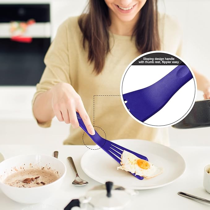 HOTEC 600??Heat Resistant Silicone Slotted Fish Turner Spatula Set, BPA Free Kitchen Cooking Spatulas, for Non Stick Cookware Dishwasher Safe Classic Blue, set of 2