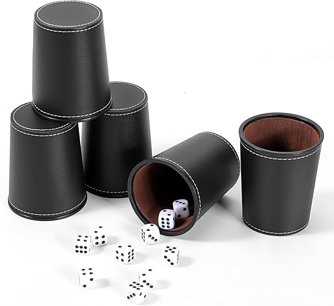 5X Dice Cup Set, PU Leather Dice Shaker Cups with 30 Dices for Bar Party Yahtzee Farkle Dice Games, Coffee (5, Black)