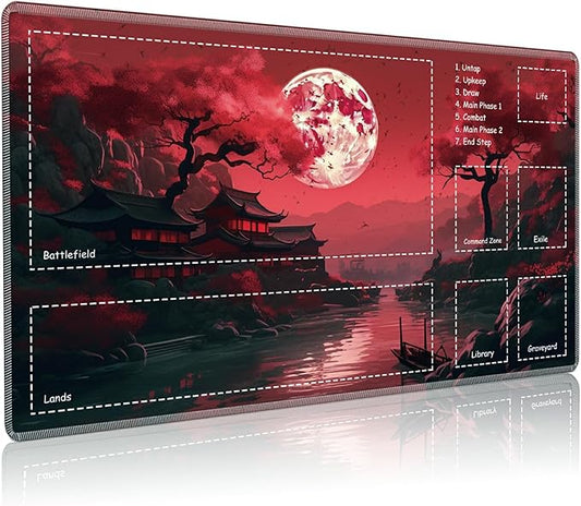 Playmat for MTG with Zones, 24 x 14 inches Game Play Mat for MTG TCG, Trading Card Game Play Mat Desk Mats with Stitched Edges Non-Slip Base, Fullmoon Scene