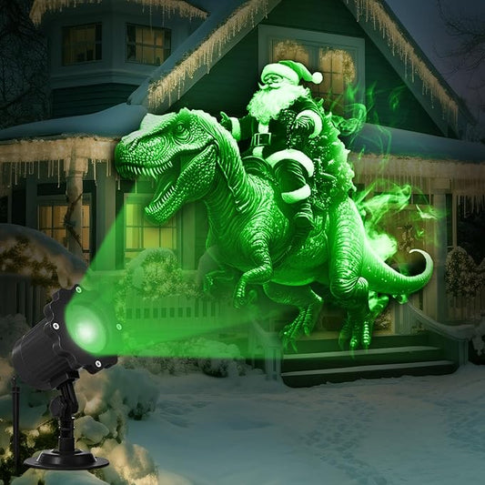 Treela Christmas Projector Lights Outdoor Indoor Dynamic Santa Riding a Dinosaur Decoration Outside LED Landscape Lamp for Holiday Halloween Garden Supplies