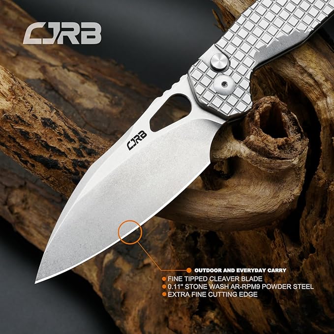 CJRB Frack Pocket Knife, 3.9" AR-RPM9 Steel Blade PVD Coating Frag Pattern Steel Handle EDC Knife, Button Lock Knife for Outdoor Camping Gift, Stonewash (J1931)