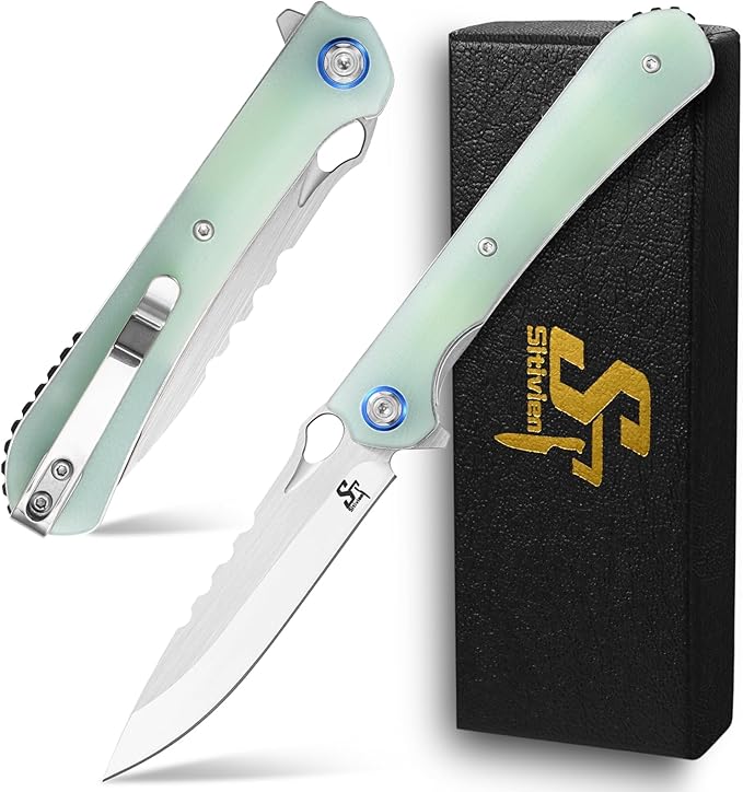 Sitivien ST145 Folding Pocket Knife,14C28N Steel Blade,G10 Handle EDC Tool Knife for Outdoor Survival,Camping,Hiking,Hunting(Jade) …