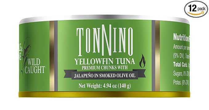 Tonnino Tuna Fish Yellowfin Pole&Line ??Premium chuncks with Jalapeno in Smoked Oilve Oil ??Pack of 12 ??Alternative to Salmon ??Protein Snacks ??Ready to Eat Meals in Can