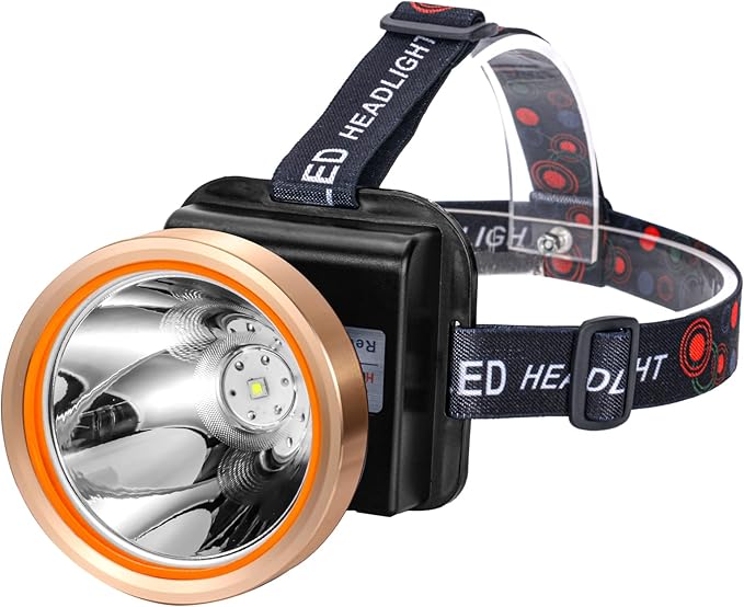 Superbright LED Rechargeable Headlamp,High Power 2 Light Modes Waterproof Headlight Adjustable Gold Head Troch Lamp for Hunting Fishing Hiking(Yellow Light)
