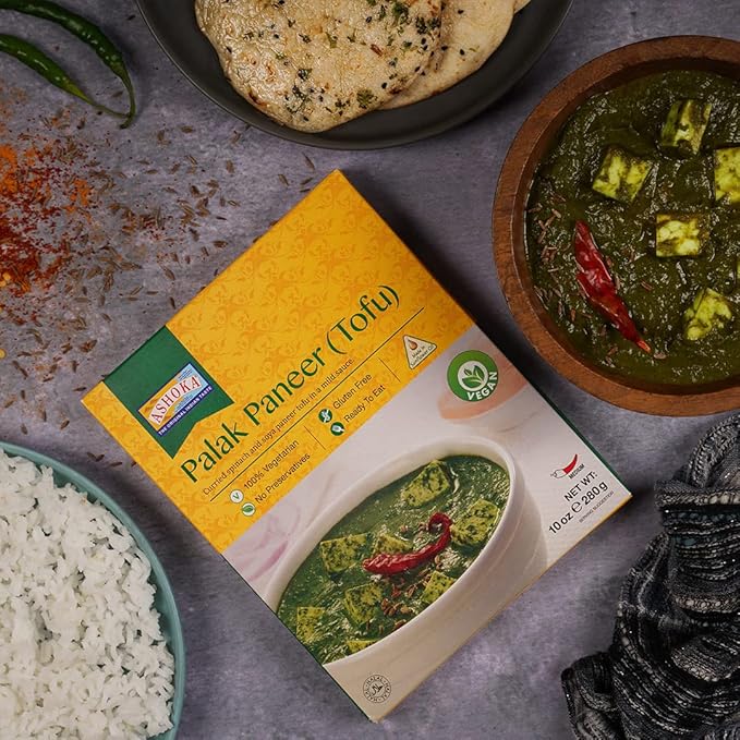 Ashoka Entrees 1932, Plant-Based Tofu & Spinach Curry, All-Natural, Ready to Eat Meals, Palak Paneer, Kosher Certified, Great for Offices, Instant Meals with No Preservatives, Pack of 5