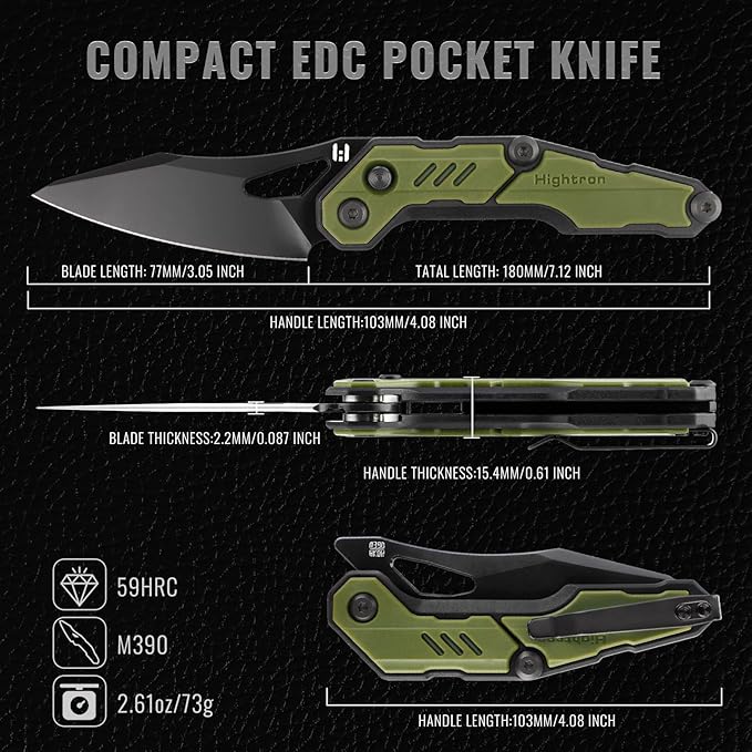 Hightron Spectron Pocket Knife, 3.05" M390 Blade and Nylon Fiber Handle, Folding Tactical Knife for Men Women Everyday Carry Clip-On Pocket Knives for Camping Hunting Green&Black