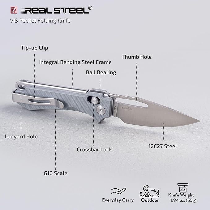 REALSTEEL VIS Pocket Knife, Folding Knife, Crossbar Lock, 2.72" Small 12C27 Steel Satin Plain Blade, Thumb Hole, G10 Handle, 1.94oz, Pocket Clip, Versatile Outdoor Indoor EDC Knife, Gifts for Men Women Camping Hiking Fishing Climbing (Gray G10/Satin)