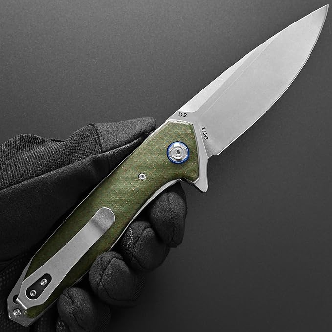 Eafengrow EF972 Folding Knife, D2 Steel Blade Micarta Handle Pocket Knife Folder for Outdoor Camping Hiking Working EDC Tool Knife(army green)