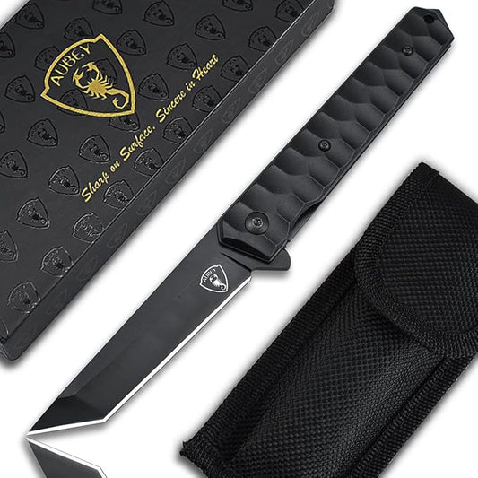 AUBEY Tanto Blade EDC Knife, 440 Steel Pocket Folding Knife with Liner Lock, Clip, Aluminum Handle and Glass Breaker, Nice Gift for Men Women (Black)