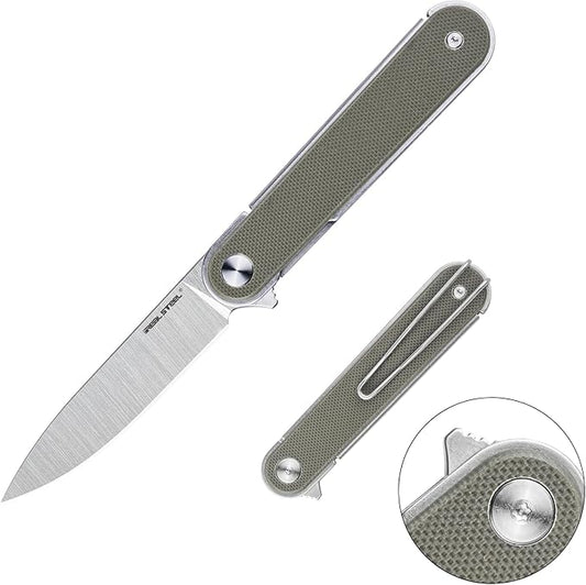 REALSTEEL IRIS Pocket Knife, Folding Knife, Flipper, Liner Lock, 2.99" 12C27 Steel Blade, Lightweight G10 Handle, 1.74oz, Deep-carry Pocket Clip, EDC Outdoor Indoor, Gifts for Men Women Camping Hiking Climbing Fishing (OD Green G10)