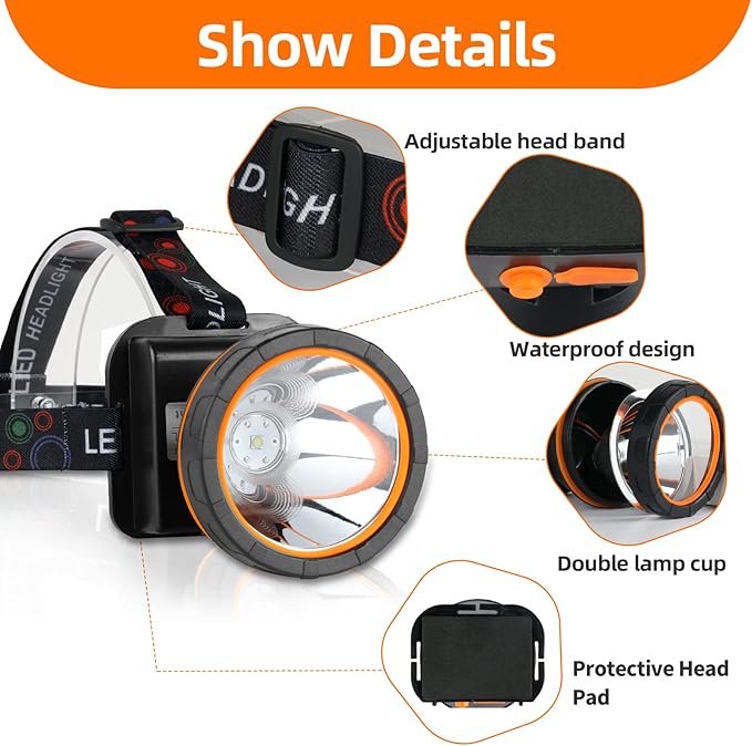 Superbright LED Rechargeable Headlamp,High Power Camping Light 2 Modes Waterproof Headlight Adjustable Gold Head Troch Lamp for Hunting Fishing Hiking(Yellow Light)
