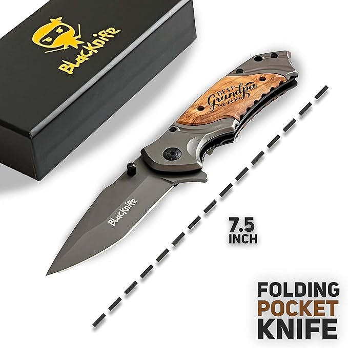 BlacKnife Folding Pocket Knife with Wooden Handle and Clip – Ideal Knife for Camping, Hunting, DIY, (Best Grandpa Ever)