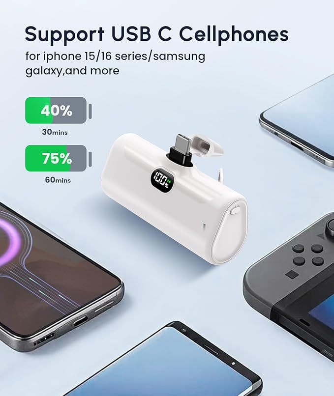 White USB C Power Bank for iPhone 15 Pro,[100%-0 Digital Display]Lightweight 5000mah Ultra-Compact Portable Battery Charger with Stand, SOS Mini Light Emergency Battery Bank for Android Phones