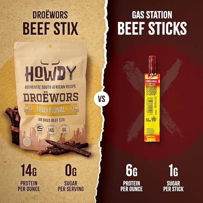 Howdysnax Handcraft Authentic Small Batch Droëwors Beef Sticks Sugar Free, Soy Free, Paleo & Keto Friendly Snack (Four 8oz Packs)