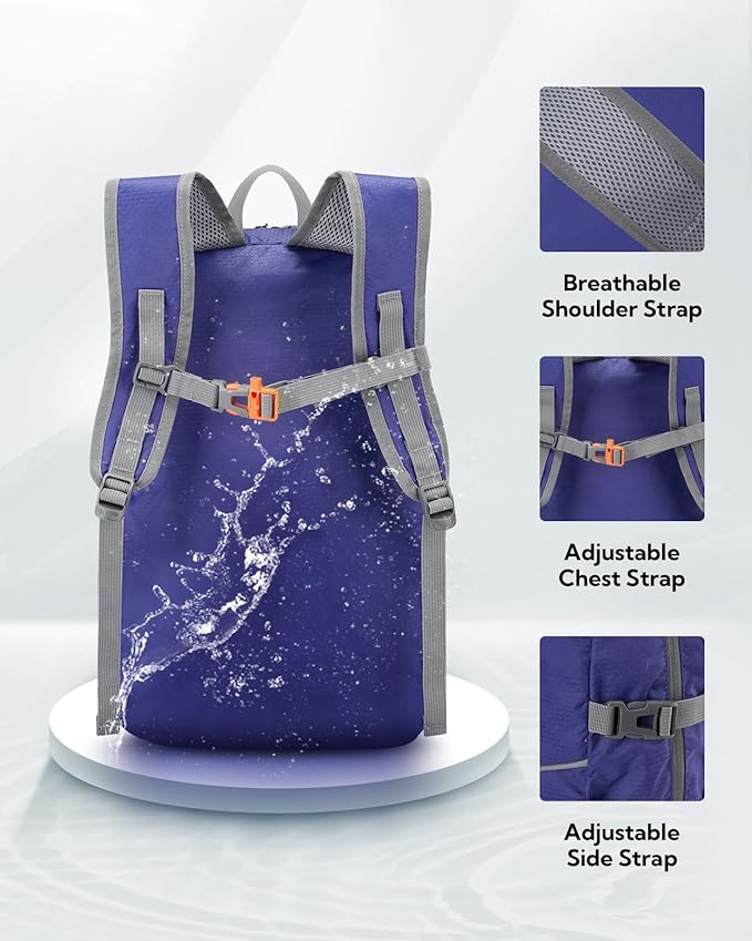 WATERFLY Hiking Foldable Daypack Backpack: 25L Ultra Lightweight Waterproof Day Pack for Woman Man - Small Compact Packable Folding Back Pack for Outdoor Sport Cycling Biking Travel Trip - Dark blue