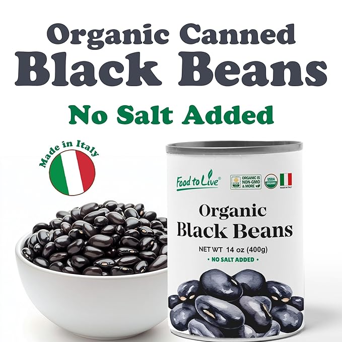 Food to Live Organic Canned Black Beans, 14 oz (Pack of 1) - Unsalted Non-GMO Frijoles Negro. Perfect for Salads, Soups, Stews. Vegan. Made in Italy