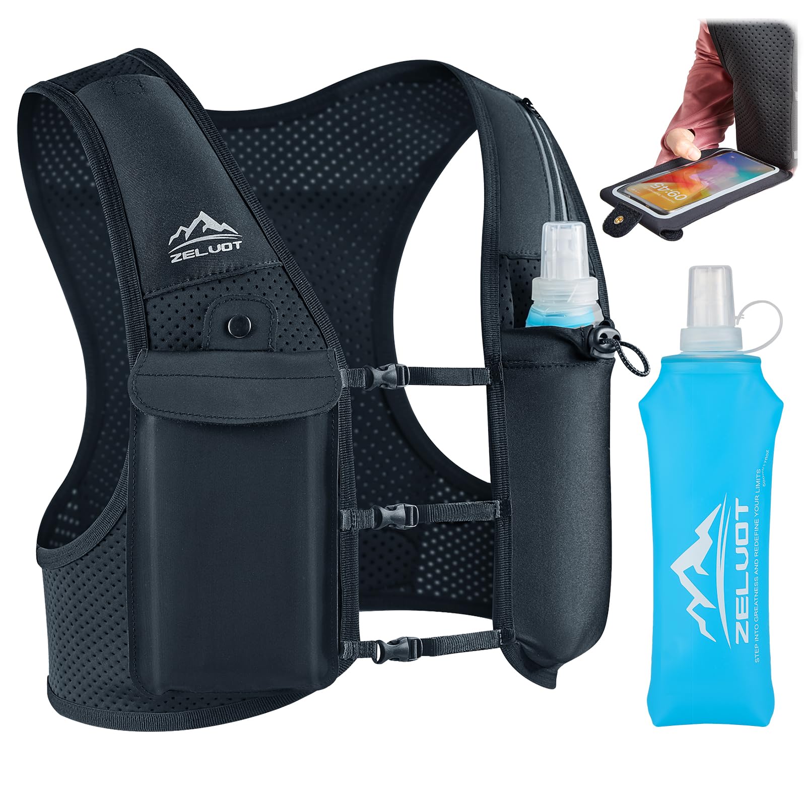 Zelvot Running Vest for Women Men, Touchscreen Phone Pocket (Black, M/L)