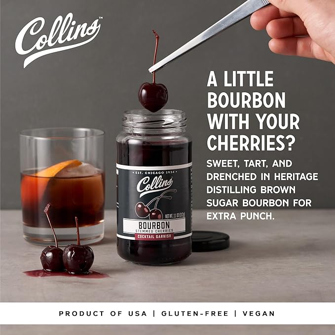 Collins Bourbon Cocktail Cherries - Drinks Garnish for Manhattan or Old Fashioned Cocktails and Desserts, Made with Award Winning Whiskey, Set of 6 11 oz Jars