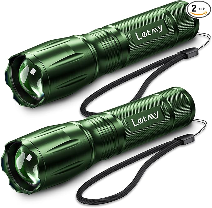 LETMY Tactical Flashlight - 2 Pack Bright Military Grade LED Flashlights High Lumens - Portable Handheld Flash Light, 5 Modes Zoomable Waterproof Flashlights for Home Emergency Camping- Green
