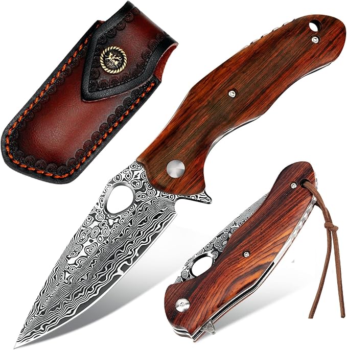 Benkey Damascus Folding Knife, Sharp VG10 Core Damascus Steel Pocket Knives with Natural Wood Handle, Quality Leather Sheath, Ball Bearing, Liner Lock, Lightweight Pocket Knife for EDC Men Women