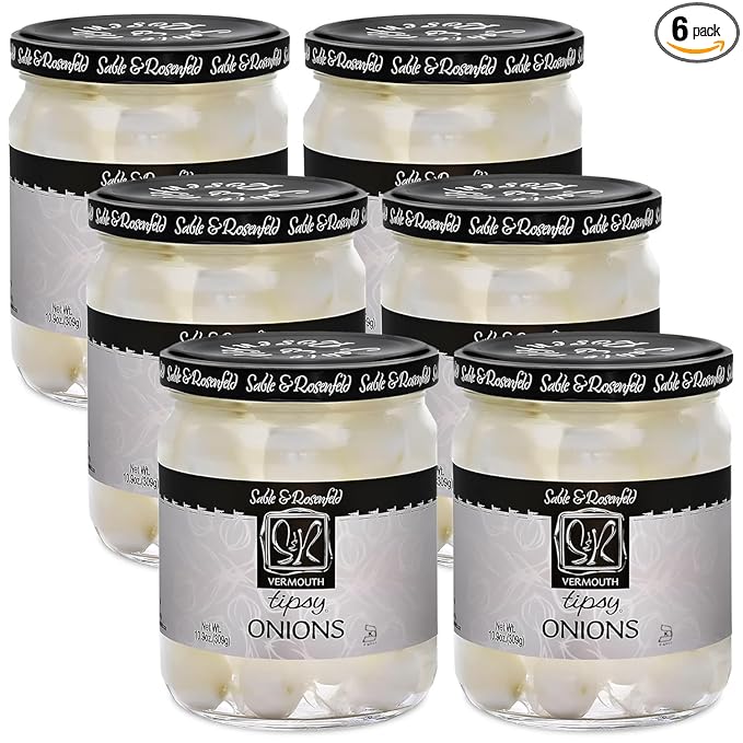 Sable & Rosenfeld Vermouth Tipsy Onions, 10.9 oz (Pack of 6), Gourmet Pickled Silverskin Cocktail Onions in Jar, Kosher, Gluten-Free Martini Garnish