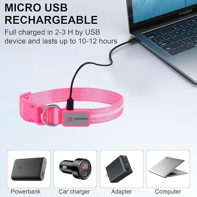 CHUKCHI LED Dog Collar Rechargeable,Waterproof Flashing Collar,Light Up Glow Collar, Adjustable Soft Safety Light Up for Small Medium Large Dogs Walking Camping at Night (Pink-L)