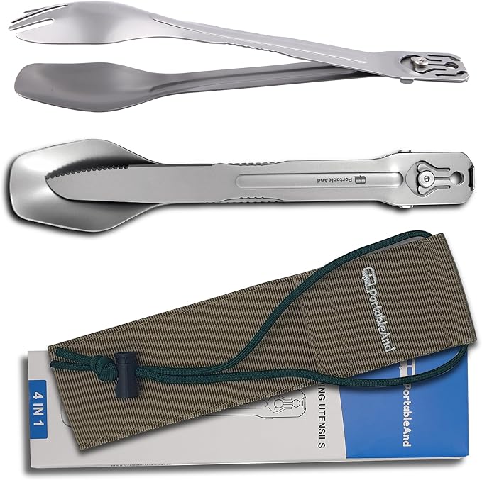 PortableAnd 4-in-1 Camping Utensil Set: Spoon, Spork, Knife, Tongs - Stainless Steel Multi Tool for Outdoor Cooking, Backpacking, Hiking, Picnics - Lightweight Travel Utensil with Carry Bag (1-Pack)