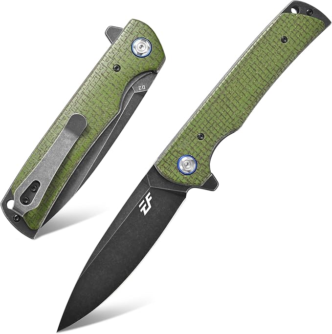 Eafengrow EF973 Folding Knife, D2 Steel Blade Micarta Handle Scale Pocket Knife Folder for Working Camping Hiking EDC Tool Knife（army green